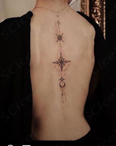 Rate This celestial spine tattoo ideas From ⭐1~10.  SAVE & FOLLOW i will update everyweek. Spine Tattoos For Women Stars Moon, Spine Tattoos Ornamental, Whimsical Spine Tattoo, Whimsical Back Tattoo, Celestial Spine Tattoo, Chest Neck Tattoo, Spine Tattoo Ideas, Celestial Tattoo, Colorful Tattoos