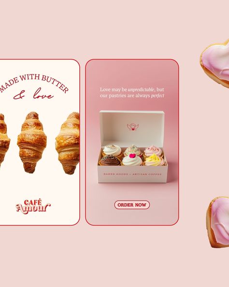 Golden croissants in a 'Made with Butter & Love' branding design for Café Amour, featuring warm, inviting colors and a touch of vintage charm Luxury Bakery Branding, Bakery Brand Design, Bakery Branding Packaging, Art Deco Coffee Shop, Cozy Branding, Cake Bakery Logo, Bakery Social Media, Media Branding Design, Logo Cafe