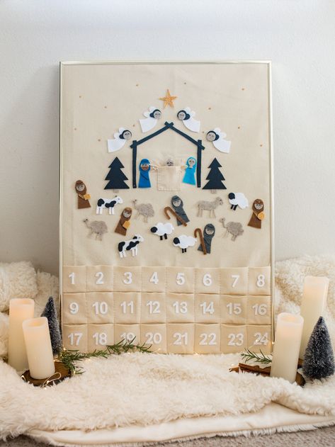 Felt Advent Calendar Nativity, Canvas Advent Calendar Diy, Make A Advent Calendar, Diy Felt Nativity Free Pattern, Felt Countdown Calendar, Diy Canvas Advent Calendar, Cloth Advent Calendar, Diy Advent Calendar Fabric, Sew An Advent Calendar