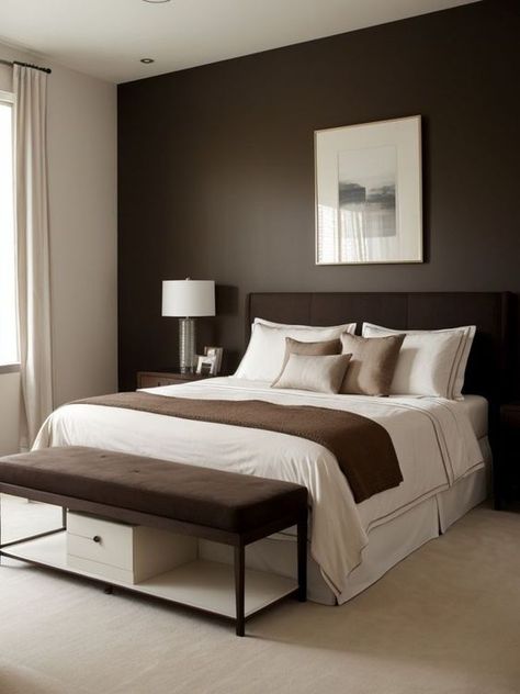 Interior Design With Dark Wood Floors, Mocha Bedroom Ideas, Dark Taupe Bedroom, Light Brown Bedroom Walls, Brown Themed Bedroom, Brown Walls Bedroom, Dark Brown Room, Brown White Bedroom, Chocolate Bedroom Ideas