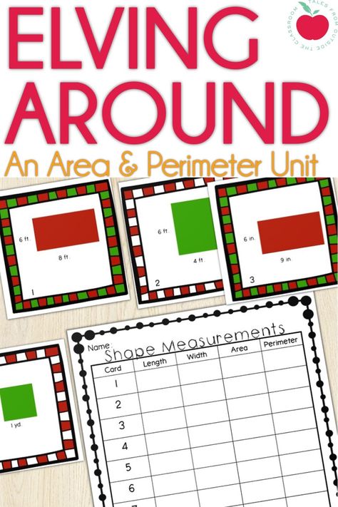 Teaching area and perimeter this December? Introduce and practice both area and perimeter with this fun, elf themed unit. With an elf craft project, an ebook, task cards, printables, and more, this Christmas themed unit is perfect for 3rd grade. Skills included: unit squares, area by tiling, multiplying side lengths, area as additive, perimeter with unknown side lengths, and more. Area And Perimeter Christmas Activity, Area 3rd Grade Activities, Area Third Grade, Area And Perimeter Activities, Perimeter Activities, Teaching Area, Elf Craft, Area Model, Christmas Math Activities