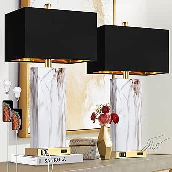 Touch Control Table Lamps Set of 2, Modern Contemporary Bedside Lamp with 2 USB Ports 1 AC Outlet, 3-Way Dimmable Nightstand Lamp Faux Marble Gold Black Rectangular Shade for Living Room Bedroom Contemporary Bedside Lamps, Black And Gold Living Room, Night Stand Light, Touch Table Lamps, Gold Living Room, Gold Bedroom, Bedside Night Stands, Nightstand Lamp, Lamp Set