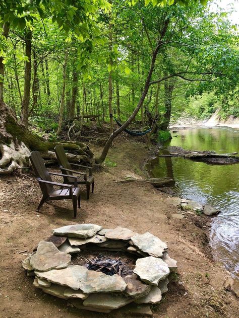 Creek Seating Area, Outdoor Creek Ideas, Creek Ideas Natural, Creek Design Landscape, Creek Decorating Ideas, Creek Side Landscaping, Creek House Ideas, Fire Pit By Creek, River Beach Ideas