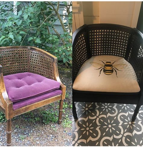 Cane Barrel Chair Upcycled Makeover Vintage Barrel Chair, Cane Furniture Makeover, Barrel Chair Makeover, Vintage Cane Chair, Cane Chair Redo, Cane Chair Makeover, Chair Flip, Cane Armchair, Couch Makeover