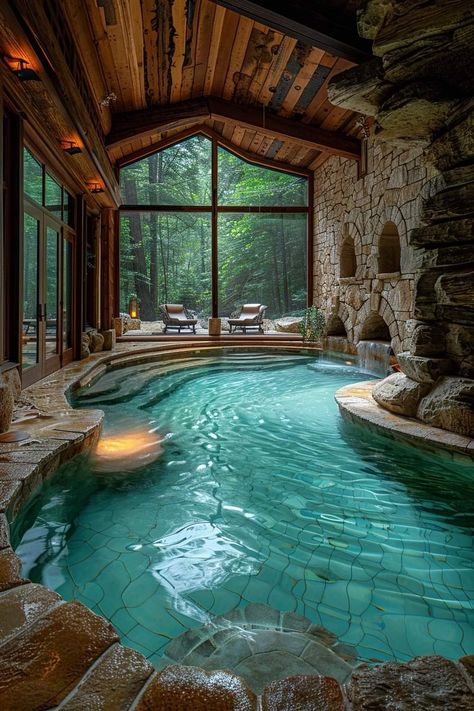 Dream Pools Luxury Indoor, Indoor Pool Ideas, Small Indoor Pool, Indoor Pool Design, Piscina Interior, Indoor Outdoor Pool, Log Cabin Rustic, Dream Life House, Pool Rooms