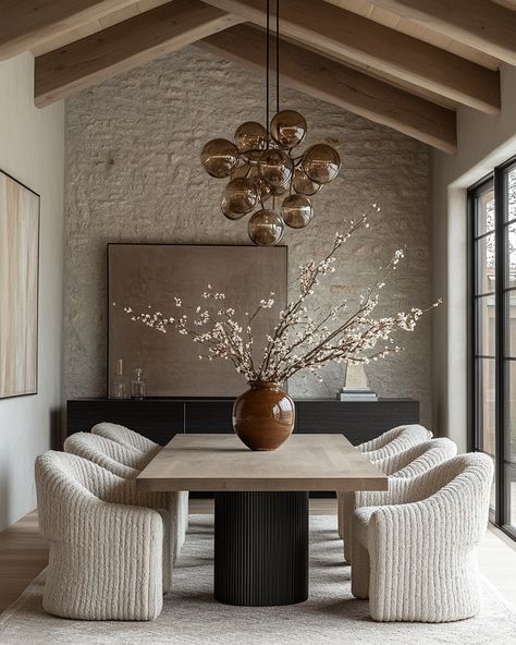 Instagram Boucle Dining Room, Wasabi Interior Design, Dark Brown Dining Table Decor, Cement Dining Table, Modern Rustic Dining Room, Wabi Sabi Dining Room, Dining Room Inspiration Modern, Modern Organic Dining Room, Organic Modern Interior Design