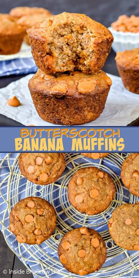 Fluffy Banana Muffins, Butterscotch Muffins, Butterscotch Recipes, Breads Recipes, Banana Muffins Easy, Recipe For Breakfast, Chocolate Banana Muffins, After School Snack, Banana Bread Muffins