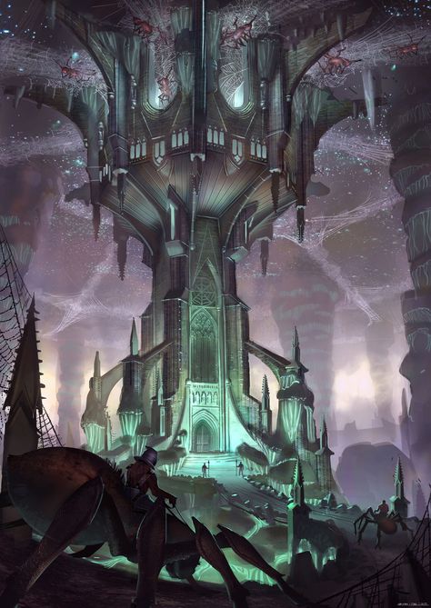 Entertainment Designs by Sebastian Stark Dark Underground City Fantasy Art, Underdark Landscape, Underground Temple, Elf City, Fantasy Town, Underground Cities, Temple Art, Entertainment Design, Scene Art