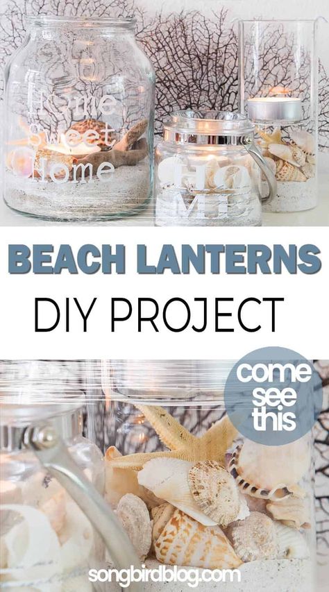 Diy Beach Candle Holder, Beach Lanterns, Beach Theme Centerpieces, Beachy Candles, Coastal Candle Holders, Fall Lantern Decor, Beach Theme Candles, Beach Candle Holder, Beach Centerpieces