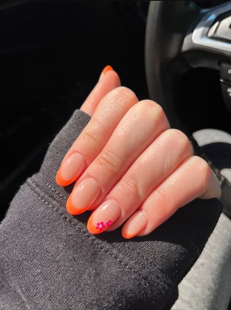 50 Stunning Spring Nails French Tip You'll Want to Copy Immediately. Orange french tip with flowers Pretty Spring Nails French Tip Ideas #springnailsideas2023 #springnailsideasacrylic #springnailsideasshort #springnailsideassimple #springnailsideasalmond #springnailsideascoffin #springnailsideassquare Pink And Orange Acrylic Nails Coffin, Pink Nails With Orange Design, Summer French Tip Nails Orange, Cute Spring Nails French Tip, Almond Nails Designs Summer Orange, French Nails With Orange Tips, Short Acrylic Nails Orange Pink, Spring Nails 2023 Gel Orange, Almond Nails Orange French Tip