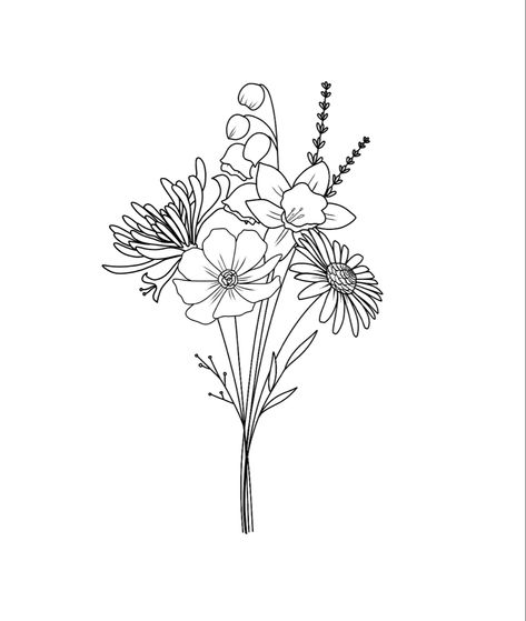 Linework Flower Bouquet, Linework Bouquet Tattoo, Simple Wildflower Bouquet Drawing, Flower Bouquet Sketch Simple, 5 Flower Bouquet Tattoo, Bouquet Of Flower Tattoo, Minimalistic Flower Drawing, Simple Flower Bouquet Tattoo, Flower Bunch Tattoos