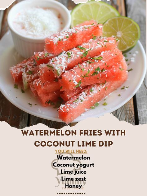 🍉🍈 Refreshing Watermelon Fries with Coconut Lime Dip! Perfect summer snack. #HealthySnacks #SummerTreats Watermelon Fries with Coconut Lime Dip Ingredients: Watermelon, cut into fries (1/2 watermelon) Coconut yogurt (1 cup) Lime juice (1 tbsp) Lime zest (1 tsp) Honey (1 tbsp) Shredded coconut (for garnish) Instructions: Cut watermelon into fry-like sticks. In a bowl, mix coconut yogurt, lime juice, lime zest, and honey. Serve watermelon fries with the dip and garnish with shredded coconut... Coconut Lime Dip, Watermelon Fries, Lime Dip, Cut Watermelon, Healthy Treat, The Dip, Summer Snacks, Coconut Yogurt, Lime Zest