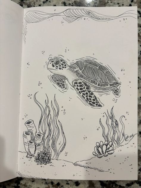 Turtle In Ocean Drawing, Sea Related Drawings, Ocean Related Drawings, Drawing Sea Turtles, Cool Ocean Drawings, Marine Drawing Ocean, Sea Turtles Drawing, Sea Art Drawing, Drawing Ideas Turtle