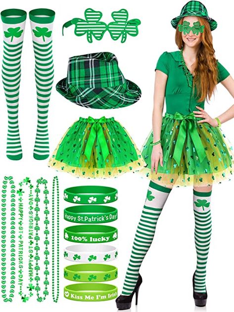 ☘️☘️☘️ St. Patrick's Day Outfit: you will receive 1 piece leprechaun hat, 1 piece layered shamrock tutu, 1 piece green shamrock sunglasses, 4 pieces shamrock bead necklaces in 4 different styles, 6 pieces clover bracelets, 1 pair green knee women socks, coming with abundant quantity, a nice combination for meeting your decorative needs in St. Patrick's Day Diy Leprechaun Costume Women, Leprechaun Diy Costume, Leprechaun Couple Costume, St Patricks Day Accessories Women, Rainbow St Patrick Dress, Clover Bracelets, Leprechaun Costume, Glasses Necklace, St Patrick's Day Costumes