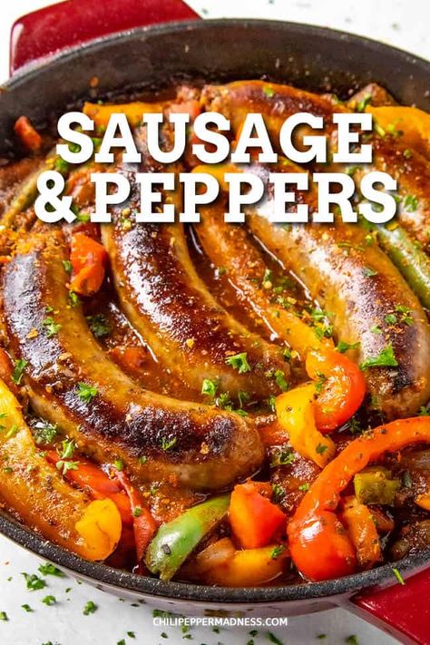 Spicy Sausage Recipes, Hot Sausage Recipes, Sweet Italian Sausage Recipes, Sausage And Peppers Recipe, Skillet Food, Italian Sausage And Peppers, Pepper Skillet, Sausage Recipes For Dinner, On A Bun