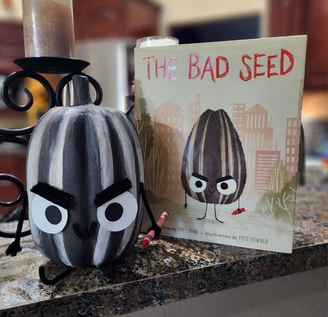 Sour Grape Book Pumpkin, Pumpkins From Book Characters, The Bad Seed Pumpkin Character, Diy Pumpkin Book Character, Bad Seed Pumpkin, Grumpy Monkey Pumpkin, Literary Pumpkins Ideas, Hospital Themed Pumpkins, Bookish Pumpkin Painting