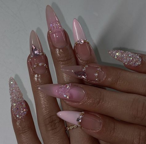 Glinda Nail Ideas, Pink Ethereal Nails, Pink Long Almond Nails, Glinda The Good Witch Nails, Long Almond Nails, Nails Prom, Cute Nail Art Designs, Grunge Nails, Oval Nails