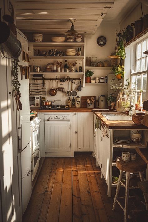 Stay on trend with modern tiny cottage kitchen designs that bring both style and function to your space. 🌟🍴 Tiny Country Kitchen, Cute Tiny Kitchen, Tiny Home Kitchen Ideas, Cottage Interiors Living Rooms, Tiny Cottage Interior, Small Cottage Kitchen Ideas, Cottage Core Interior, Tiny Cottage Kitchen, Dreamy Cottage