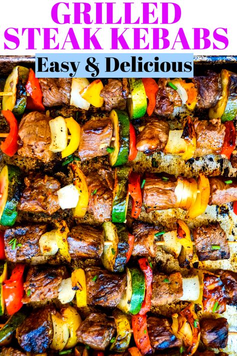 Steak Kebabs are the perfect summer grilling recipe. These kebabs are made with tender marinated pieces of beef, delicious veggies, and grilled to perfection Steak Kebabs On The Grill, Steak Kebobs, Bbq Steak Recipes, Veggies Grilled, Easy Summer Grilling Recipes, Barbecue Recipes Grill, Steak Kebabs, Round Steak Recipes, Skirt Steak Recipes