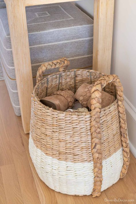 Woven basket filled with shoes Entry Shoe Basket, Entryway Basket Storage, Basket Entryway Decor, Basket Shoe Rack, Shoe Basket By Door Entryway, Baskets For Shoes Entryway, Basket Shoe Storage, Entry Way Baskets, Small Shoe Storage Entryway