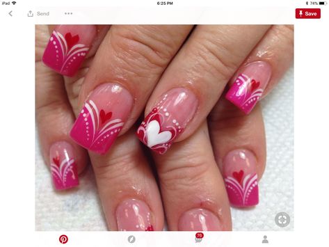 Heart Nail Designs Pink, Valentines Day Toenails, Valentin Nails Designs Love, Nails February Valentines Day, Classy Valentines Nails, Valentine French Nails, Valentine Nails Gel, Feb Nails Valentines Day, French Tip Valentines Day Nails