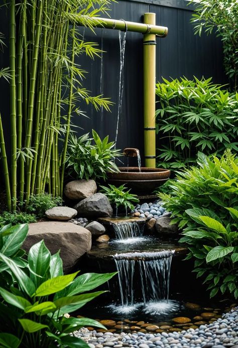 Add a touch of elegance and provide shade and privacy. Green Yard Aesthetic, Japanese Garden Lighting, Japanese Water Feature, Water Garden Ideas, Japanese Water Garden, Recycled Planters, Kolam Koi, Small Japanese Garden, Japanese Garden Landscape