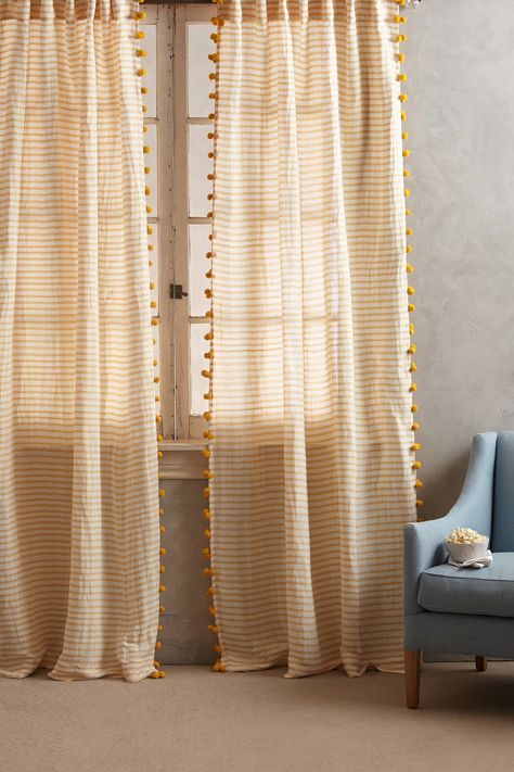 Slide View: 1: Pom Tassel Curtain Anthropologie Curtains, Cortina Boho, Pom Pom Curtains, Cortinas Boho, Tapestry Ideas, Ivory Curtains, Yellow Curtains, Tassel Curtains, Custom Drapes