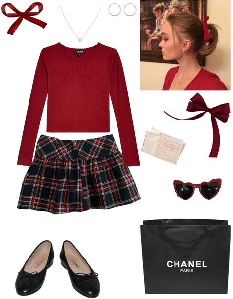 Red Ribbon Outfit Aesthetic, Jenna Marshall Outfits, Plaid Red Skirt Outfit, Coquette Christmas Outfit, Red Rose Outfit, Red Outfit Winter, Red Christmas Outfit, Christmas Ootd, Lily Rose Depp