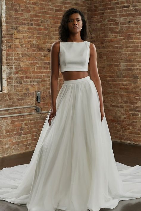 Break the mold with this modern two-piece wedding dress. 2 Parts Wedding Dress, Two Piece Corset Wedding Dress, Crop Top Wedding Dress Two Pieces, Wedding Two Piece, Dress With Crop Top, Moh Dress, Two Piece Bridesmaid Dresses, Wedding Dress Two Piece, Ruched Wedding Dress