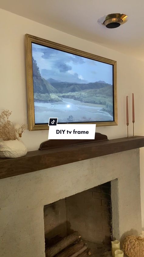 Gold Frame Tv Wall, Tv With Gold Frame, Gold Frame Around Tv, Gold Framed Tv, Tv With Frame Around It, Wall Mounted Fireplace And Tv, Tv Gold Frame, Framed Tv On Wall, Tv Framed On Wall