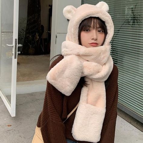 Bear Hat Aesthetic, Korean Scarf, Aesthetic Scarf, Hiking Outfit Men, Scarf Aesthetic, Korean Winter Outfits, Bear Outfit, Kawaii Wigs, Cute Scarf