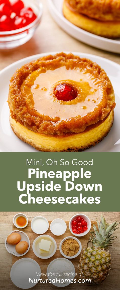 Pineapple Upside Down Cheesecake Cupcake, Tropical Cheesecake Recipes, Pineapple Right Side Up Cheesecake, Mini Upside Down Pineapple Cheesecake, Mini Pineapple Upside Down Cheesecake, Upside Down Pineapple Cheesecake, Anniversary Desserts, Pineapple Upside Down Cheesecake, Upside Down Cheesecake