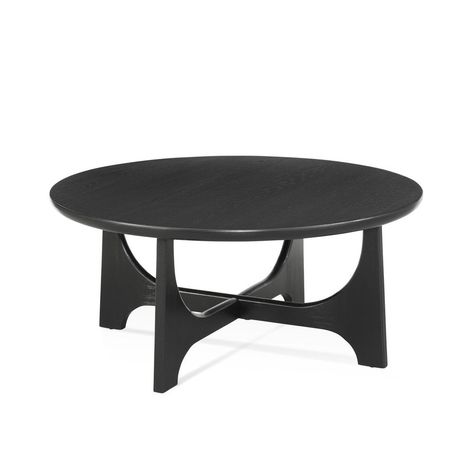 The Dunnigan Round Cocktail Table features an X shaped cut out base design. Product Overview Size: 40" Ø x 18"H Finish: Black Matte Stain Materials: Rubberwood Solids, Flat-cut Oak Adjustable floor levelers Weight: 52 lb Coffee Table Aesthetic, Black Round Coffee Table, Marble Top Side Table, Round Cocktail Tables, Solid Wood Coffee Table, Furniture Market, Base Design, Coffee Table Wayfair, Modern Home Office