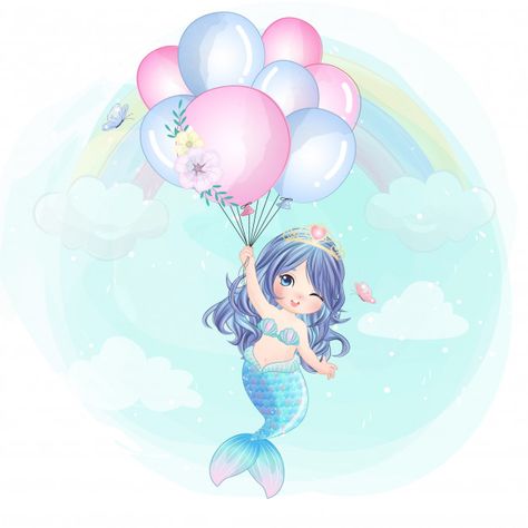 Hand drawn cute mermaid flying with ball... | Premium Vector #Freepik #vector #baby #hand #girl #character Boat Cartoon, Mermaid Cartoon, Mermaid Clipart, Mermaid Wallpapers, Watercolor Mermaid, Mermaid Drawings, Unicorns And Mermaids, Baby Mermaid, Girl Character