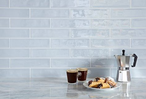 Origin 10 1/2'' x 2 1/2'' Sky Blue (G) | Products | AKDO Tile Dealers Light Blue Kitchen Backsplash, Blue Splashback Kitchen, Blue Aesthetic Kitchen, Blue Subway Tile Kitchen, Light Blue Backsplash, Matte Subway Tile, Beach Tile, Kitchen Tile Ideas, Blue Backsplash Kitchen