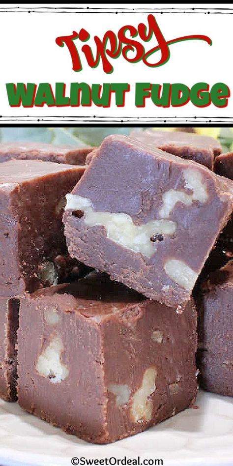 Fudge is fudge, but fudge with Kahlua is something truly special. The delectable coffee rum liqueur adds an extra warmth you can’t get anywhere else. The chocolate is smooth and creamy, which is a perfect compliment to the crunchy walnuts in Tipsy Walnut Fudge. Christmas Walnut Fudge, Fudge With Walnuts Recipes, Boozy Fudge Recipes, Butter Rum Fudge, Fudge Recipes With Booze, Fudge Flavors Holidays, Boozy Fudge, Rum Desserts, Marshmallow Fudge Recipe