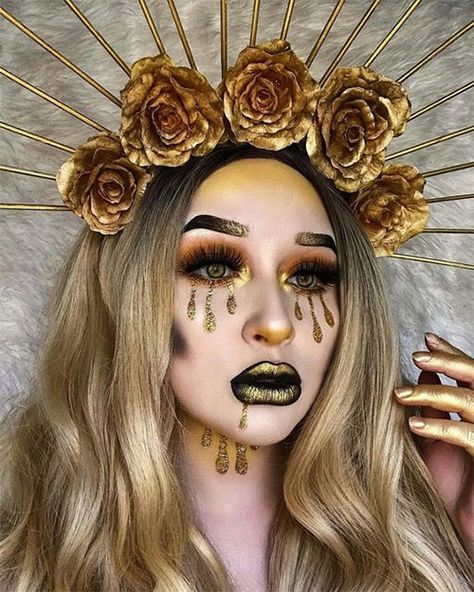 Celestial Makeup, 2023 Costumes, Gold Inspo, Dripping In Gold, 2022 Goals, Goddess Makeup, Creepy Makeup, Gold Makeup Looks, Goddess Crown