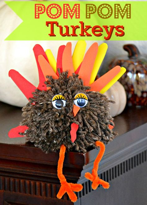 Pom Pom Turkeys - Thanksgiving Craft Craft With Pom Poms, Pom Pom Turkey, Thanksgiving Arts And Crafts, Mom On Timeout, Thanksgiving Party Decorations, Thanksgiving Turkey Craft, Thanksgiving Time, Thankful Thanksgiving, Thanksgiving Craft