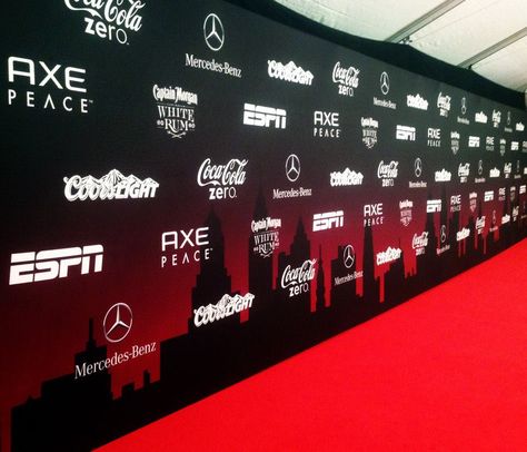 #ESPN #CocaCola #MercedesBenz Backdrop Design Graphics, Backdrop Logo Design, Photo Zone Design, Logo Backdrop, Business Launch Party, Press Wall, Banners Ideas, Red Carpet Backdrop, Photowall Ideas