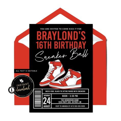 Red Sneaker Ball Invitation, Sneaker Birthday Invitation, Sneaker Invite, Sneaker Birthday, Sneaker Gala, Digital Invite, Templett Invite Jordan Theme Invitation Template, 21st Birthday Sneaker Ball, Sneaker Invitation, Sneaker Ball Invitation, Sneaker Gala, Edited Background, Ball Invitation, Jordan Baby Shower, Hair Photoshoot