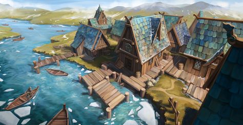 ArtStation - Spring in the fishing village, Lada Sh Fishing Town Fantasy Art, Fishing Villages Concept Art, Seaside Village Fantasy Art, Fisherman Village Concept, Fishing Village Fantasy Art, Medieval Fishing Village, Fantasy Fishing Town, Fishing Village Art, Fantasy Fishing Village