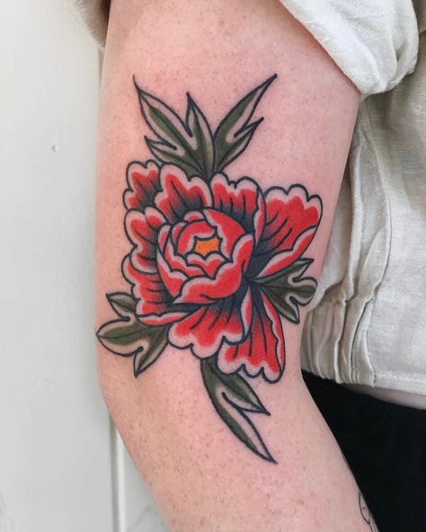 American Trad Peony, Old Traditional Tattoo Sleeve, Peonies Traditional Tattoo, Peony Elbow Tattoo, Knee Traditional Tattoo, American Traditional Floral Tattoo, Peony Tattoo Traditional, American Traditional Peony, Traditional Flower Tattoo Sleeve