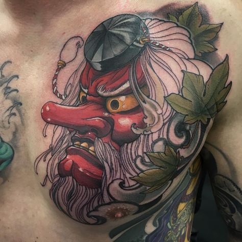 5,050 Likes, 34 Comments - Damian Robertson (@damianrobertson) on Instagram: “1st session on this Tengu chest plate! #honorboundtattoos #goodguyneedles #tengu #irezumicollective…” Tengu Tattoo Design, Tengu Tattoo, Tengu Mask, Dragon Tattoo Arm, Hannya Mask Tattoo, Chest Plate, Geometric Tattoo Arm, Japanese Dragon Tattoos, Traditional Japanese Tattoos