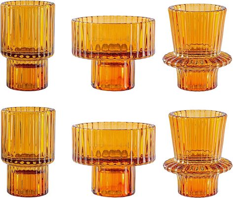 LPUSA Amber Glass Candlestick Holders Set of 6 for Taper Candles,Tealight Candels and Pillar Candles,Decoative Candle Holders for Wedding Party and Festival(ABC) Amber Candle, Small Candle Holders, Gold Candle Holders, Taper Candle Holder, Tealight Candles, Glass Candlestick Holders, Candle Table, Candle Sizes, Taper Candle Holders