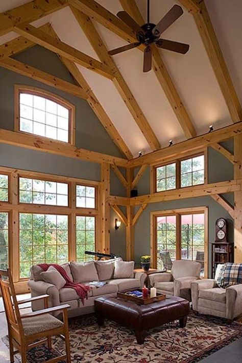 Custom Eastern White Pine Timber Frame Home – Lansing NY - Woodhouse The Timber Frame Company Wood Paneling Living Room, Timber Frame House, Natural Living Room, Lots Of Windows, Rustic Home Design, Timber Frame Homes, Timber House, Paint Colors For Living Room, Wooden Beams