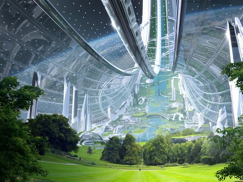 Solarpunk Spaceship, Sci Fi Engineer, Space Civilization, Solar Punk City Concept Art, Futuristic Space Station Concept Art, Space Colony Concept Art, Space Colony Concept, Sci Fi City Planet, Space Station Art