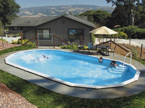 Cement surrounding sunken above ground pool. Cheap Inground Pool, Diy Above Ground Pool Landscaping, Diy Pools, Doughboy Pool, Affordable Pool, Diy Above Ground Pool, Oval Pool, Cheap Pool, Best Above Ground Pool