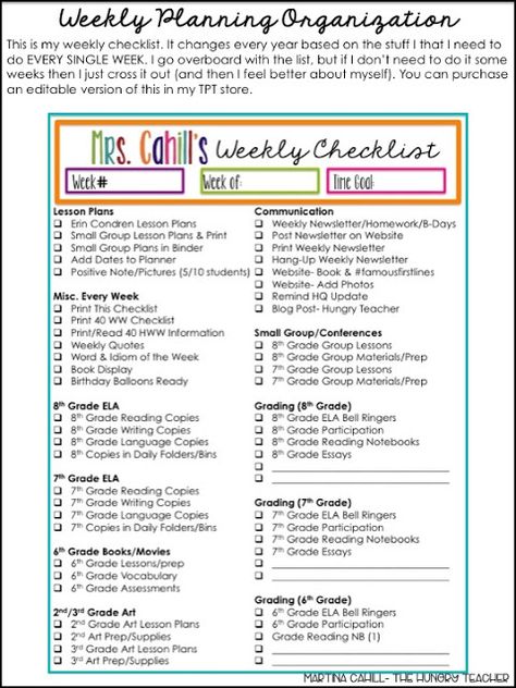 Organization - The Hungry Teacher Teacher Organizer, Resource Room Teacher, Teacher Checklist, Middle School Ela Classroom, Weekly Checklist, Teacher And Student, 6 Class, Teacher Material, Ela Classroom