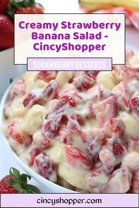 Check out this Creamy Strawberry Banana Salad that I am sharing with you today. It's so super easy to make and makes for a super side dish or dessert for summer potlucks. Creamy Strawberry Banana Creamy Strawberry Banana Salad, Strawberry Banana Cheesecake Salad Easy, Strawberry Banana Fruit Salad, Strawberry And Banana Dessert, Strawberry Banana Salad, Banana Fruit Salad, Strawberry Banana Cheesecake Salad, Banana Salad, Dessert For Summer