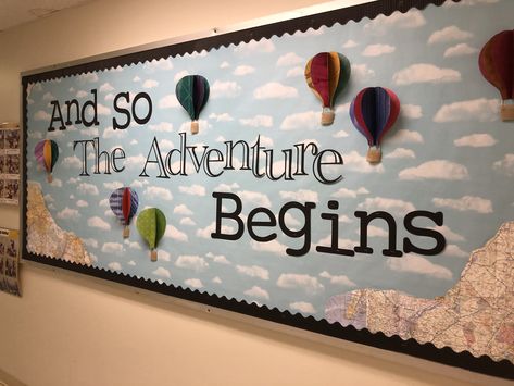 Read Around The World Bulletin Board, Books Classroom Theme, Adventure Bulletin Boards Elementary, Elementary Library Decor Themes, Adventure Awaits Bulletin Board Ideas, Adventure Themed Bulletin Boards, Reading Is An Adventure Bulletin Board, Adventure Starts At Your Library, Library Adventure Theme